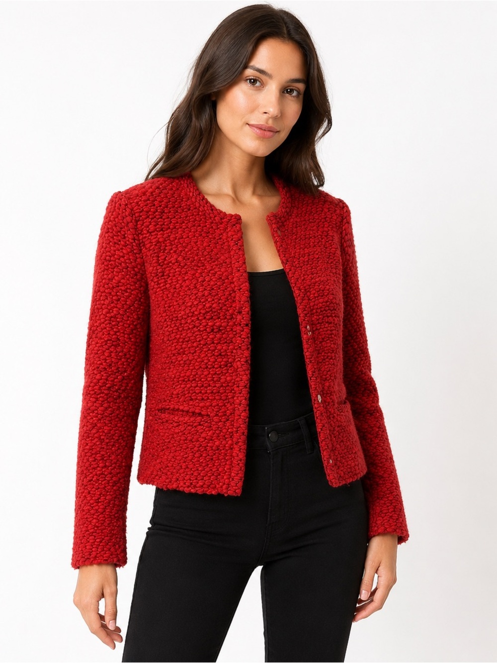 IRO Red Bouclé Collarless Jacket